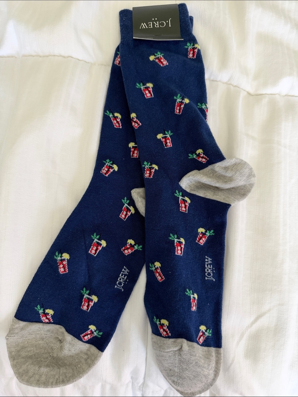 J. Crew Navy Dress Socks with Cocktail Glass Pattern and Gray Accents